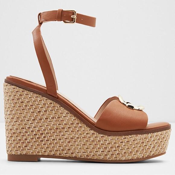 Aldo CARRABRIRIA TEXTURED ANKLE STRAP WEDGES Sandal 8.5 New Cognac Brown - Picture 7 of 9